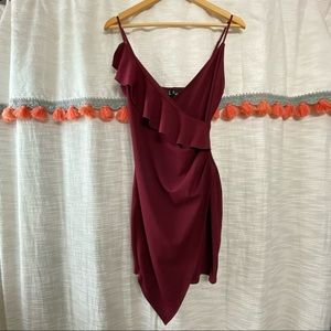 Burgundy Ruffles Asymmetrical Bodycon Dress